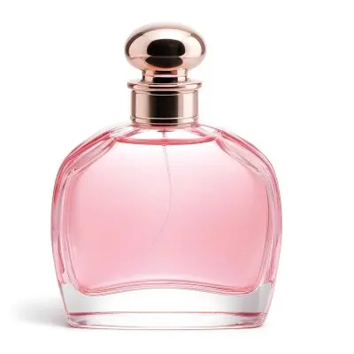 A Perfume Bottle With Pink Liquid Inside Pink Cap On A White Background 3 6eda