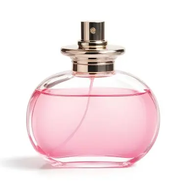 A Perfume Bottle With Pink Liquid Inside Pink Cap On A White Background 31 4977