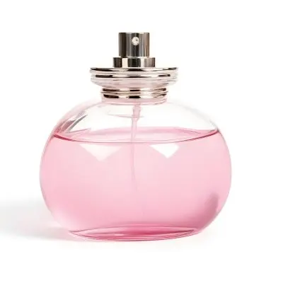 A Perfume Bottle With Pink Liquid Inside Pink Cap On A White Background 32 1a98
