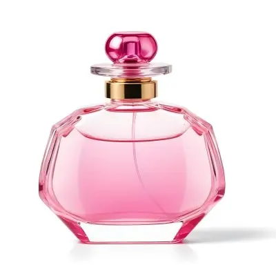 A Perfume Bottle With Pink Liquid Inside Pink Cap On A White Background 5 Dcb2