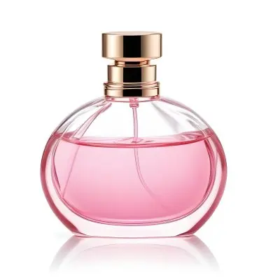 A Perfume Bottle With Pink Liquid Inside Pink Cap On A White Background 7 5276