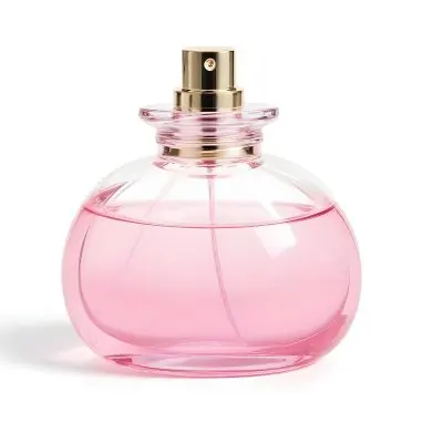 A Perfume Bottle With Pink Liquid Inside Pink Cap On A White Background 8 A34c