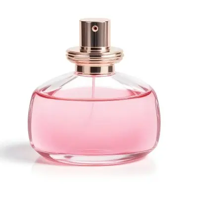 A Perfume Bottle With Pink Liquid Inside Pink Cap On A White Background 9 02e4