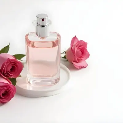 A Perfume Bottle With Pink Liquid On A White Round Surface Three White Roses On A White Background 1 Dd21