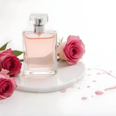 A Perfume Bottle With Pink Liquid On A White Round Surface Three White Roses On A White Background 12 E18d