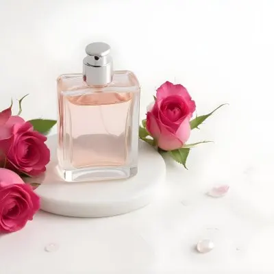 A Perfume Bottle With Pink Liquid On A White Round Surface Three White Roses On A White Background 13 88df