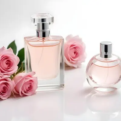A Perfume Bottle With Pink Liquid On A White Round Surface Three White Roses On A White Background 22 B127