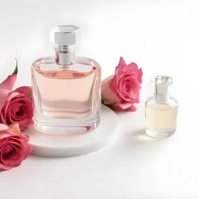 A Perfume Bottle With Pink Liquid On A White Round Surface Three White Roses On A White Background 5 9771
