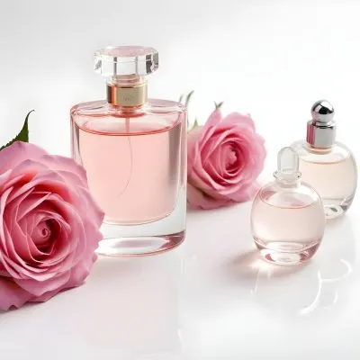 A Perfume Bottle With Pink Liquid On A White Round Surface Three White Roses On A White Background 8 Fb13