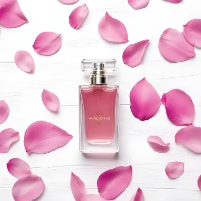 A Perfume Bottle With Pink Liquid Surrounded By Pink Flower Petals On A White Wooden Surface Elegant Luxury Beauty Fashion Floral Fragrance 14 Ecb7