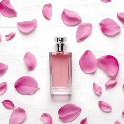 A Perfume Bottle With Pink Liquid Surrounded By Pink Flower Petals On A White Wooden Surface Elegant Luxury Beauty Fashion Floral Fragrance 18 B786