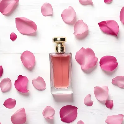 A Perfume Bottle With Pink Liquid Surrounded By Pink Flower Petals On A White Wooden Surface Elegant Luxury Beauty Fashion Floral Fragrance 25 C585