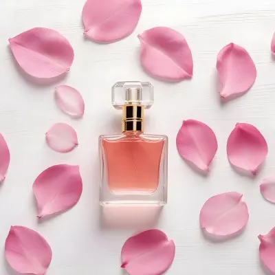 A Perfume Bottle With Pink Liquid Surrounded By Pink Flower Petals On A White Wooden Surface Elegant Luxury Beauty Fashion Floral Fragrance 30 D382