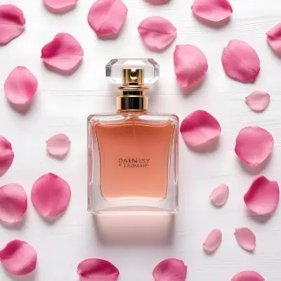 A Perfume Bottle With Pink Liquid Surrounded By Pink Flower Petals On A White Wooden Surface Elegant Luxury Beauty Fashion Floral Fragrance 33 Eed9