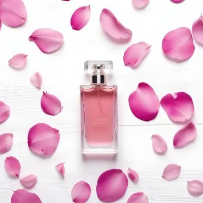 A Perfume Bottle With Pink Liquid Surrounded By Pink Flower Petals On A White Wooden Surface Elegant Luxury Beauty Fashion Floral Fragrance 38 F7ad