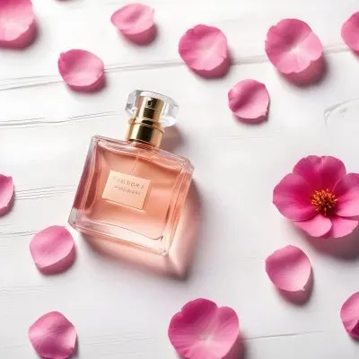 A Perfume Bottle With Pink Liquid Surrounded By Pink Flower Petals On A White Wooden Surface Elegant Luxury Beauty Fashion Floral Fragrance 39 A0ae