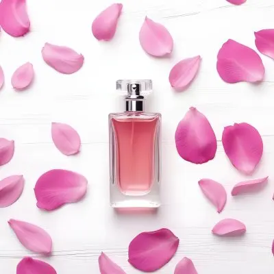 A Perfume Bottle With Pink Liquid Surrounded By Pink Flower Petals On A White Wooden Surface Elegant Luxury Beauty Fashion Floral Fragrance 8 5c08