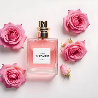 A Perfume Bottle With Pink Liquid Surrounded By Pink Roses On A White Background Studio Shot Product Photography Bright Lighting 17 45e6