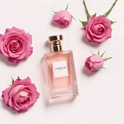 A Perfume Bottle With Pink Liquid Surrounded By Pink Roses On A White Background Studio Shot Product Photography Bright Lighting 43 Be26