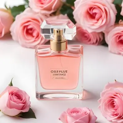A Perfume Bottle With Pink Liquid Surrounded By Pink Roses On A White Background Studio Shot Product Photography Bright Lighting 5 1ee2