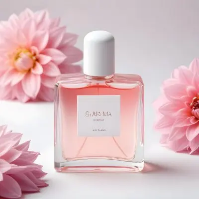A Perfume Bottle With Pink Liquid Surrounded By White And Pink Dahlia Flowers On A White Silk Background White Cap Elegant Soft Lighting Beauty Product 13 3ab3