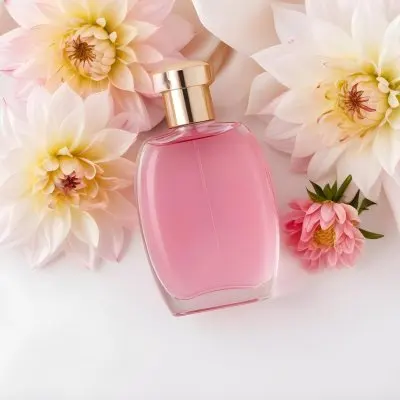 A Perfume Bottle With Pink Liquid Surrounded By White And Pink Dahlia Flowers On A White Silk Background White Cap Elegant Soft Lighting Beauty Product 19 Af7c