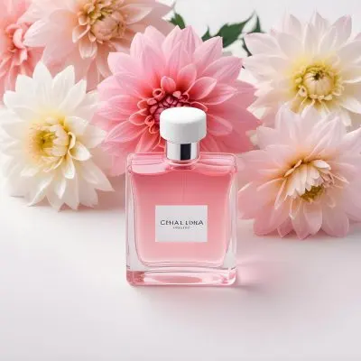 A Perfume Bottle With Pink Liquid Surrounded By White And Pink Dahlia Flowers On A White Silk Background White Cap Elegant Soft Lighting Beauty Product 3 68da