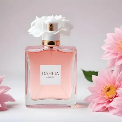 A Perfume Bottle With Pink Liquid Surrounded By White And Pink Dahlia Flowers On A White Silk Background White Cap Elegant Soft Lighting Beauty Product 50 99db