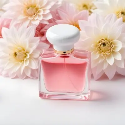 A Perfume Bottle With Pink Liquid Surrounded By White And Pink Dahlia Flowers On A White Silk Background White Cap Elegant Soft Lighting Beauty Product 67 4f61