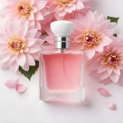 A Perfume Bottle With Pink Liquid Surrounded By White And Pink Dahlia Flowers On A White Silk Background White Cap Elegant Soft Lighting Beauty Product 7 3e67