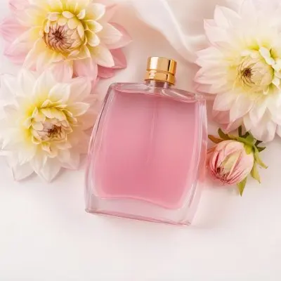 A Perfume Bottle With Pink Liquid Surrounded By White And Pink Dahlia Flowers On A White Silk Background White Cap Elegant Soft Lighting Beauty Product 8 B622