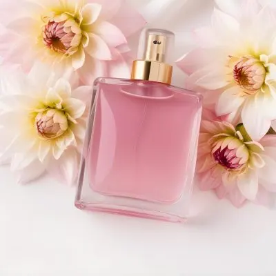 A Perfume Bottle With Pink Liquid Surrounded By White And Pink Dahlia Flowers On A White Silk Background White Cap Elegant Soft Lighting Beauty Product 80 Bcbf