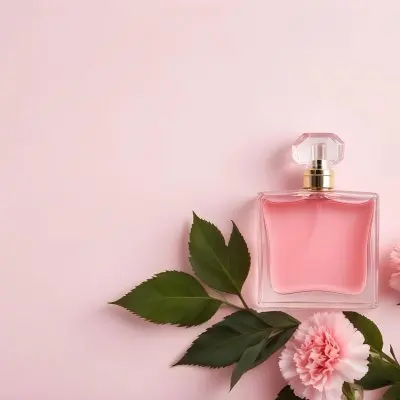 A Perfume Bottle With Pink Liquid Two Pink Carnations And Green Leaves On A Pink Background 10 8ce8