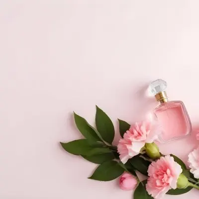 A Perfume Bottle With Pink Liquid Two Pink Carnations And Green Leaves On A Pink Background 11 A908