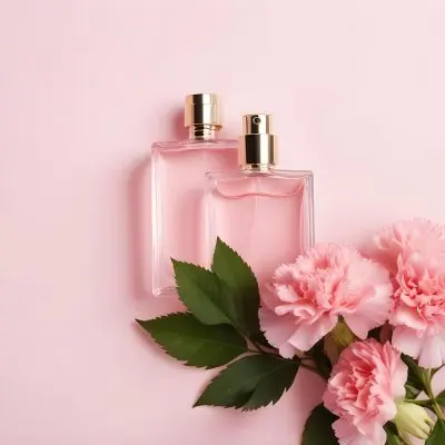 A Perfume Bottle With Pink Liquid Two Pink Carnations And Green Leaves On A Pink Background 30 5263