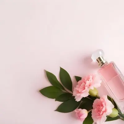 A Perfume Bottle With Pink Liquid Two Pink Carnations And Green Leaves On A Pink Background 33 0d54