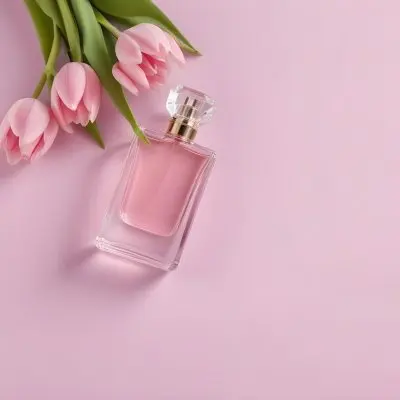 A Perfume Bottle With Pink Tulips On A Pink Background The Bottle Is Glass And Rectangular The Tulips Are Arranged In A Cluster 3 F8da