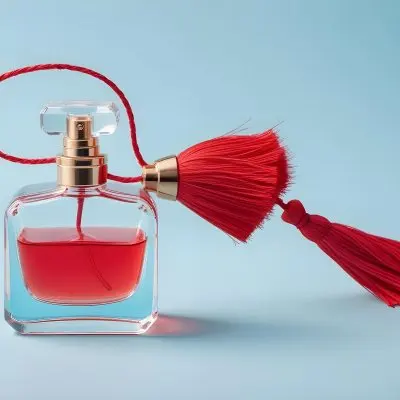A Perfume Bottle With Red Liquid And A Pink Tassel On A Light Blue Background 46 9926
