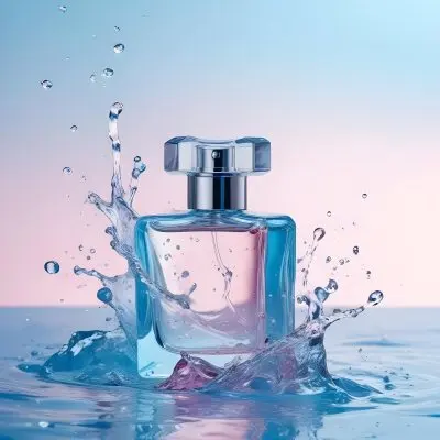 A Perfume Bottle With Water Splashing Around It Light Blue And Pink Background Product Photography Studio Shot Clean And Minimalist Style High Resolution Sharp Focus 21 Cd9f