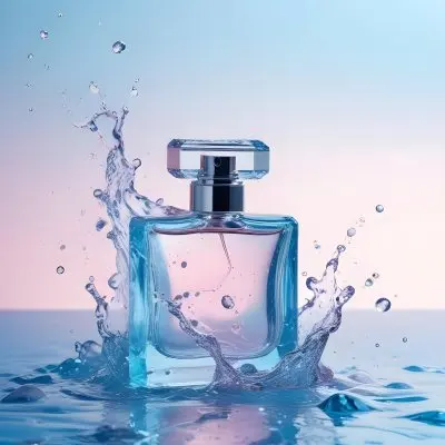 A Perfume Bottle With Water Splashing Around It Light Blue And Pink Background Product Photography Studio Shot Clean And Minimalist Style High Resolution Sharp Focus 31 5773