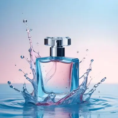 A Perfume Bottle With Water Splashing Around It Light Blue And Pink Background Product Photography Studio Shot Clean And Minimalist Style High Resolution Sharp Focus 35 3ac0