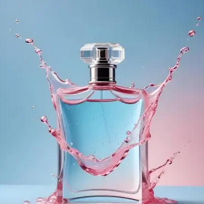 A Perfume Bottle With Water Splashing Around It Light Blue And Pink Background Product Photography Studio Shot Clean And Minimalist Style High Resolution Sharp Focus 36 D806