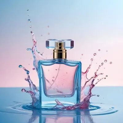 A Perfume Bottle With Water Splashing Around It Light Blue And Pink Background Product Photography Studio Shot Clean And Minimalist Style High Resolution Sharp Focus 40 4de5