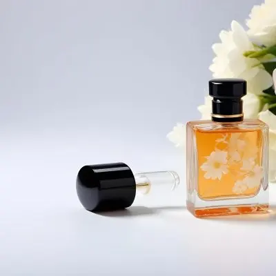 A Perfume Bottle With White Cap And Flowers In A Black Background 12 0c28