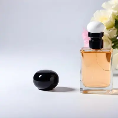 A Perfume Bottle With White Cap And Flowers In A Black Background 12 D963