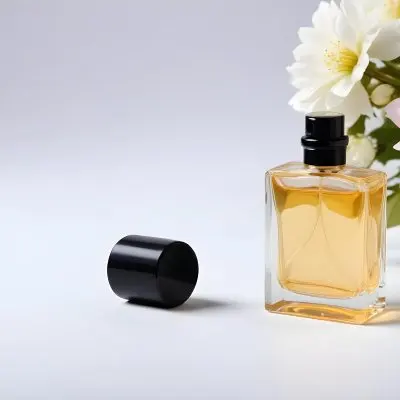 A Perfume Bottle With White Cap And Flowers In A Black Background 24 8cf5