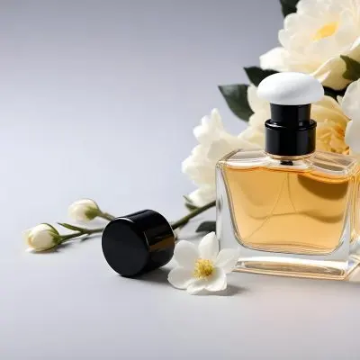 A Perfume Bottle With White Cap And Flowers In A Black Background 5 9378