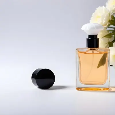 A Perfume Bottle With White Cap And Flowers In A Black Background 6 85e5
