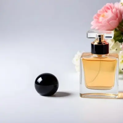 A Perfume Bottle With White Cap And Flowers In A Black Background 8 Cf7d