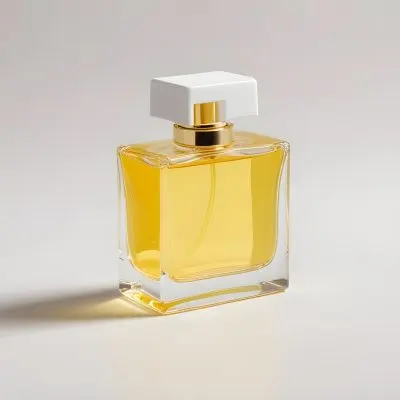 A Perfume Bottle With Yellow Liquid And A White Cap Next To The Cap On A White Surface 30 Bc35
